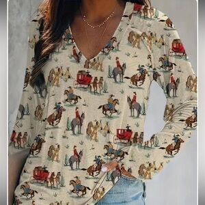Olivia Mark Western Style Allover Cowboy Print V Neck Stretch Rodeo Top Size L